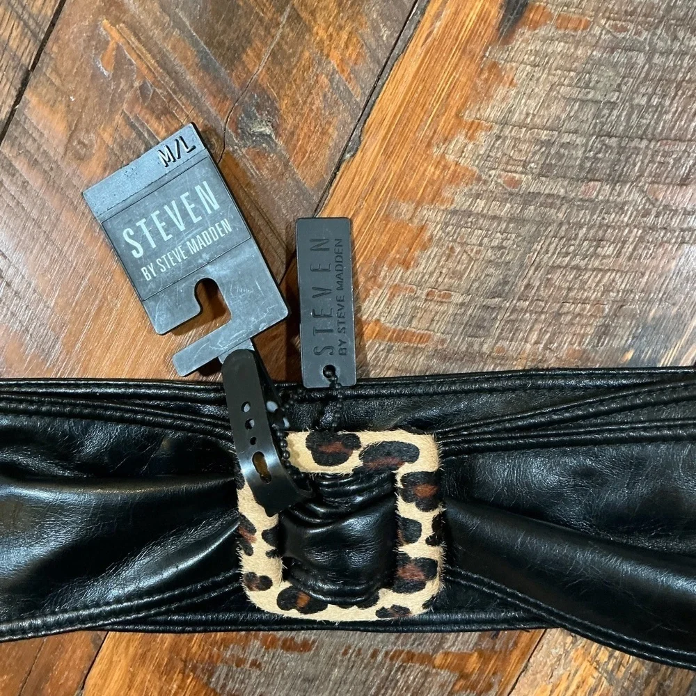 Steven by Steve Madden Black Faux Leather Wide Belt Leopard Print Buckle M/L